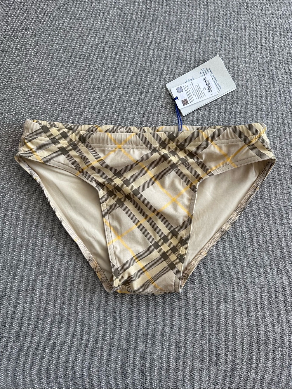 Burberry Men’s Wheat Check Swim Briefs with Yellow Accents